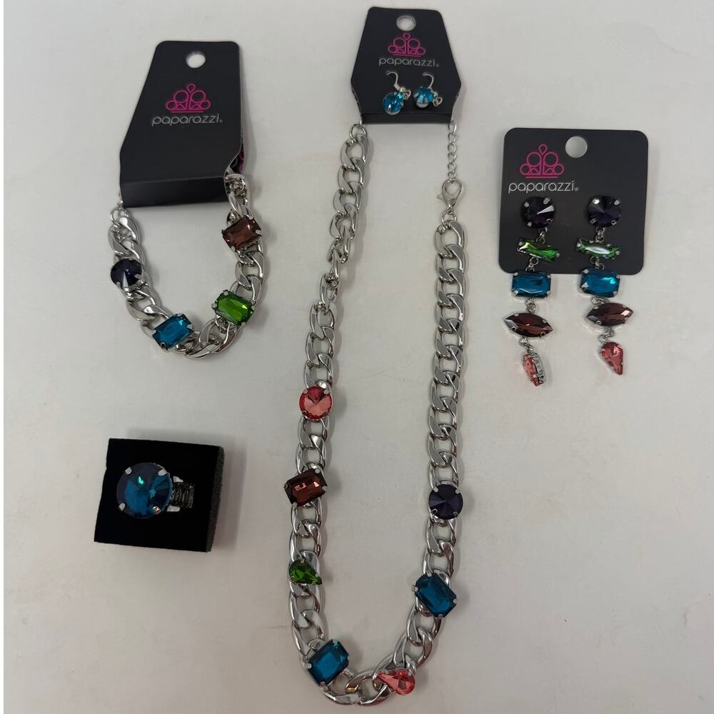 Paparazzi Necklace Bracelet Ring Two Sets of Earrings Silver Colored Stones‎